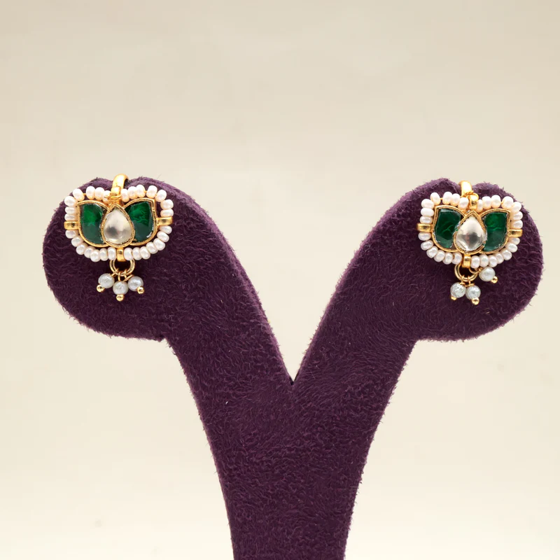 Premium Pachi Kundan 3 Petal Lotus Koppu Earrings - Green